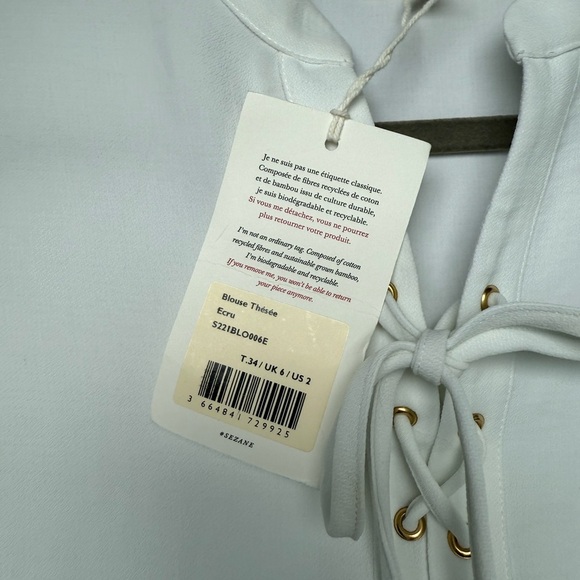 Sézane White Short Sleeve Blouse FR 34 US 2 Lace Up Shirt Cottagecore Coquette - Picture 5 of 6